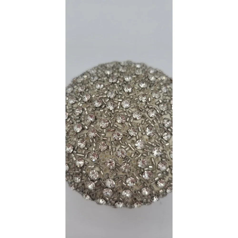 Silver Tone Round Rhinestone Crystal Beaded Trinket Box with Lid